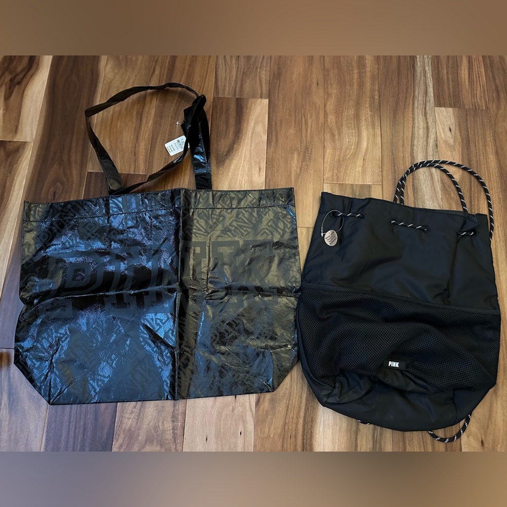 PINK tote bag and backpack with drawstring.